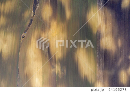 Aerial drone view of plowed agricultural terrain Aerial drone view of plowed agricultural terrain 94196273