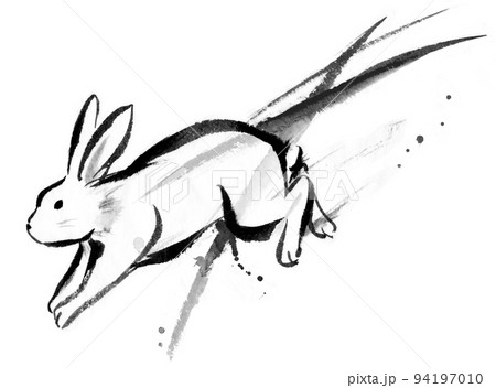 筆で描いた躍動感のあるウサギの水墨画（背景あり）のイラスト