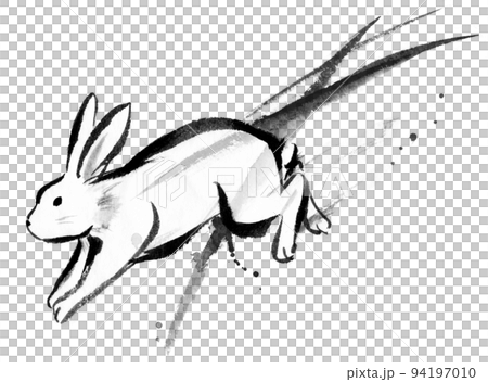 筆で描いた躍動感のあるウサギの水墨画（背景あり） 94197010