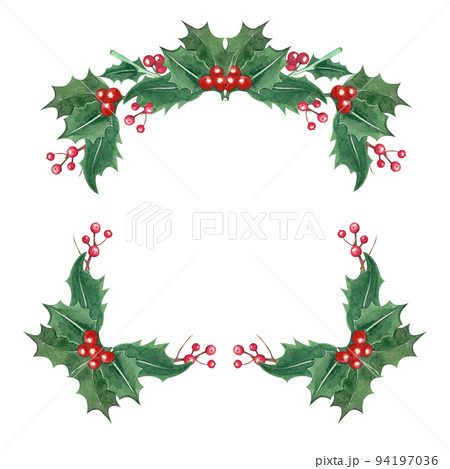 A square frame for Christmas of holly twigs with berries hand-painted in watercolor on a white background. Suitable for printing postcards, invitations, on fabric, scrapbooking A square frame for Christmas of holly twigs with berries hand-painted in watercolor on a white background. Suitable for printing postcards, invitations, on fabric, scrapbooking 94197036