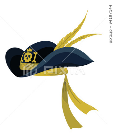Corsair or pirate hat. Pirate fancy dress, design element. Buccaneer or carnival costume hat. Sea piracy cap fashion, headdress accessory to party with roger 94197144