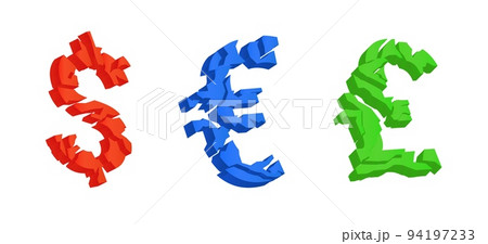 Broken colored currency symbols. Volume 3d cracked signs of red dollar and blue euro collapse green pound Broken colored currency symbols. Volume 3d cracked signs of red dollar and blue euro collapse green pound 94197233