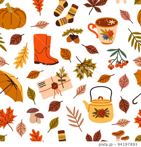 Autumn elements seamless pattern. Cartoon yellow leaves, warm accessories, cozy mood print, rainy season objects, hot beverages. Decor textile, wrapping paper. Tidy vector background 94197893