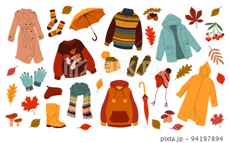 Autumn clothing. Casual wears, outdoor outfits, rainy season accessories, shoes, raincoats and gloves, warm sweaters and hats, umbrella and orange leaves, tidy vector cartoon flat set Autumn clothing. Casual wears, outdoor outfits, rainy season accessories, shoes, raincoats and gloves, warm sweaters and hats, umbrella and orange leaves, tidy vector cartoon flat set 94197894