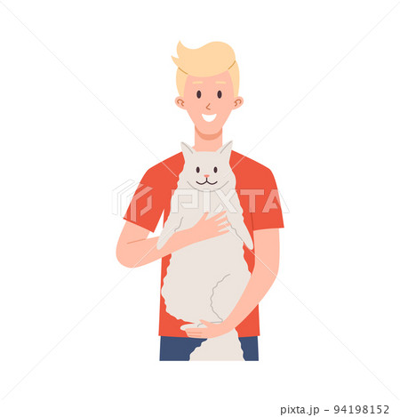 Happy blonde young man in red t-shirt holding smiling fluffy cat flat style 94198152