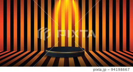 Black podium with gold border in Halloween stripe room. 94198667