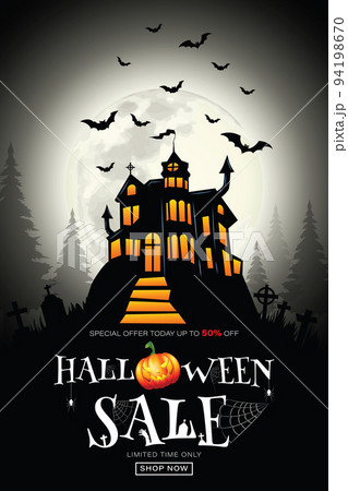 Halloween 50% off Sale Promotion Poster or banner with Halloween Pumpkin and haunted castle, bats,grave. on white background. Vector illustration Halloween 50% off Sale Promotion Poster or banner with Halloween Pumpkin and haunted castle, bats,grave. on white background. Vector illustration 94198670
