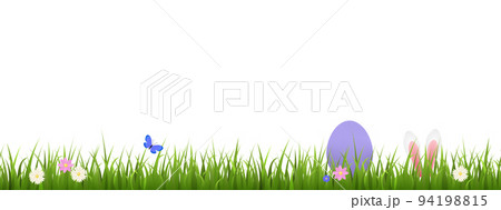 Seamless grass border with flowers and butterflies, purple egg and rabbit ears flat style 94198815