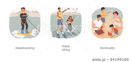 Beach activities isolated cartoon vector illustration set. Wakeboarding school, extreme watersport, water skiing together, seaside resort activity, family building sandcastle vector cartoon. Beach activities isolated cartoon vector illustration set. Wakeboarding school, extreme watersport, water skiing together, seaside resort activity, family building sandcastle vector cartoon. 94199189