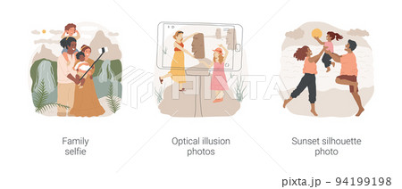Taking pictures on vacation isolated cartoon vector illustration set. Family take picture, use selfie-stick, make fun optical illusion photo, holding statue, sunset silhouette vector cartoon. 94199198