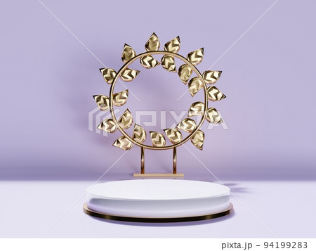 3D cylinder pedestal podium in purple and white with gold flower background. Minimalist setting for product showcase and promotion display. Geometric vector platform Room that is abstract. 3D cylinder pedestal podium in purple and white with gold flower background. Minimalist setting for product showcase and promotion display. Geometric vector platform Room that is abstract. 94199283