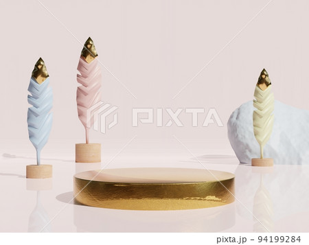 Round gold metal podium with two tiers on a pastel pink background. The ideal platform for displaying your products. Pastel palm tree art. Illustration in 3D Round gold metal podium with two tiers on a pastel pink background. The ideal platform for displaying your products. Pastel palm tree art. Illustration in 3D 94199284