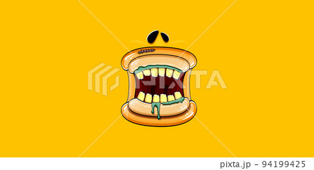 Vector cartoon funny silly zombie monster mouth with rotten teeth isolated on orange horizontal banner background. Vector happy Halloween kids t-shirt design template with funky monster mouth 94199425