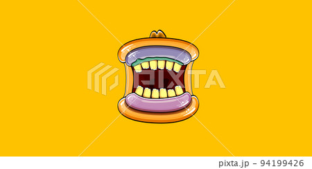 Vector cartoon funny silly zombie monster mouth with rotten teeth isolated on orange horizontal banner background. Vector happy Halloween kids t-shirt design template with funky monster mouth 94199426