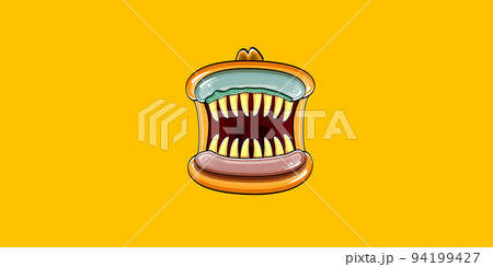 Vector cartoon funny silly zombie monster mouth with rotten teeth isolated on orange horizontal banner background. Vector happy Halloween kids t-shirt design template with funky monster mouth 94199427