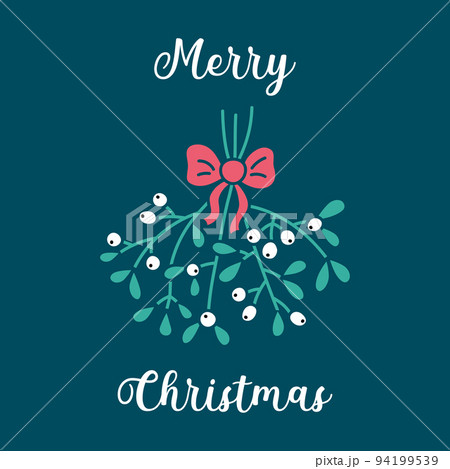 Merry Christmas greeting card. Mistletoe twigs with bow and text. Vector illustration of creative mistletoe leaves and white berries on dark background Merry Christmas greeting card. Mistletoe twigs with bow and text. Vector illustration of creative mistletoe leaves and white berries on dark background 94199539