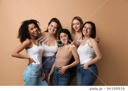 Group of women with different body types on beige background 94199916
