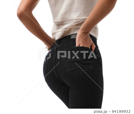 Woman wearing jeans on white background, closeup Woman wearing jeans on white background, closeup 94199932