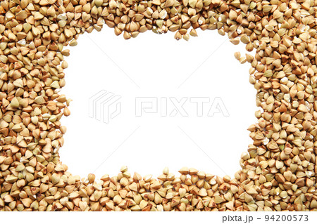Frame made with green buckwheat on white background, top view 94200573