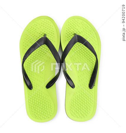 Stylish bright flip flops isolated on white, top view 94200719