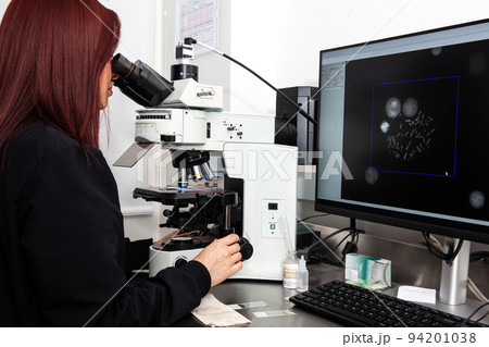 Young female scientist looking at a cell in metaphase stage to make a karyotype in the laboratory Young female scientist looking at a cell in metaphase stage to make a karyotype in the laboratory 94201038