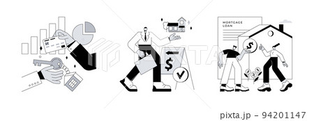 Buying property abstract concept vector illustration set. Property market, real estate agent, mortgage loan, new appartment, property investment, bank credit, down payment, pay off abstract metaphor. Buying property abstract concept vector illustration set. Property market, real estate agent, mortgage loan, new appartment, property investment, bank credit, down payment, pay off abstract metaphor. 94201147