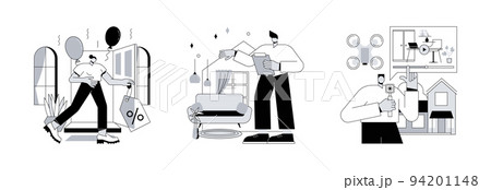 Home for sale abstract concept vector illustration set. Open house, home staging, real estate video tour, floor plan, walk through, private residence, potential buyer, furniture abstract metaphor. 94201148