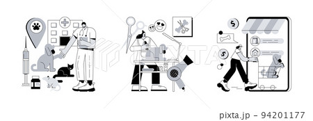 Animal service and care abstract concept vector illustration set. Vet clinic, grooming salon, animals shop, veterinary hospital, pet goods e-shop, pets vaccination, doggie spa abstract metaphor. 94201177