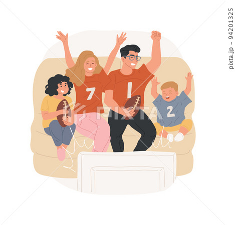 Watch a sports game isolated cartoon vector illustration. Family leisure time, kids and parents wear sport jerseys, sitting on a sofa in front of TV, watching favorite team game vector cartoon. 94201325