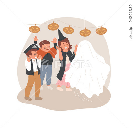 Haunted house visit isolated cartoon vector illustration. Group of scary children visiting haunted house together, Halloween holiday spirit, seeing a ghost, spooky mood vector cartoon. 94201389
