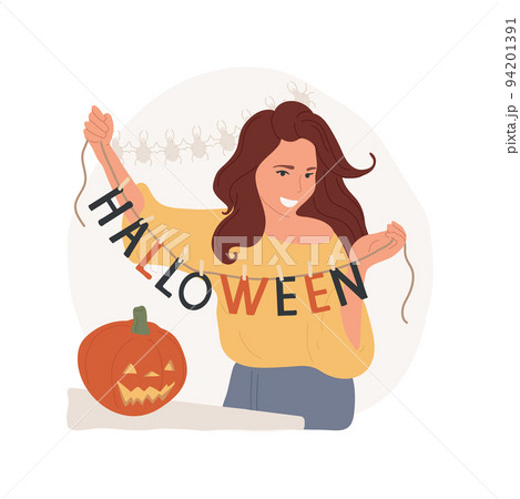 DIY decor isolated cartoon vector illustration. Young women with handmade word Halloween hanging on clothesline, public holiday preparation, traditional home DIY decor vector cartoon. 94201391