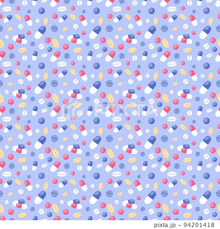 Medical pills seamless pattern. Pharmacy vector endless background. Colorful pills, tablets and capsules. Flat textile illustration Medical pills seamless pattern. Pharmacy vector endless background. Colorful pills, tablets and capsules. Flat textile illustration 94201418