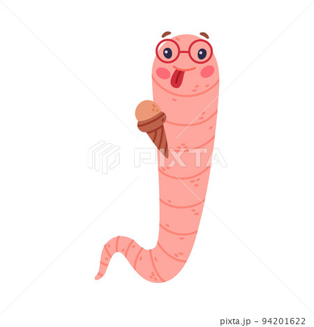 Funny Pink Worm Character in Glasses Licking Ice Cream Vector Illustration 94201622