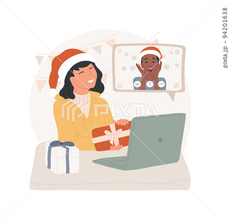 Greeting friends isolated cartoon vector illustration. Young smiling teen greeting her friends with xmas holiday online, communication during coronavirus, Christmas time vector cartoon. 94201638
