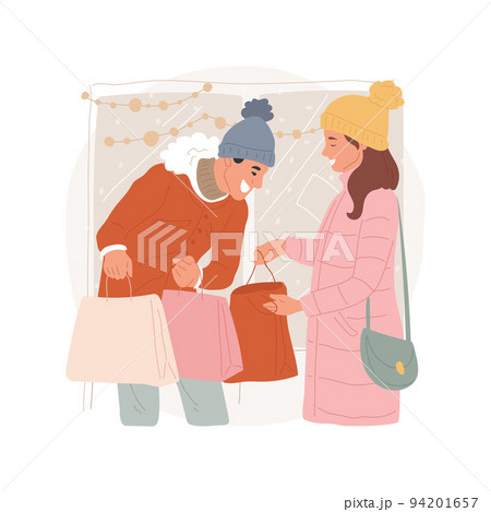 Buying presents isolated cartoon vector illustration. Smiling couple buying Christmas gifts on market together, xmas holiday preparation, choosing presents for friends vector cartoon. 94201657