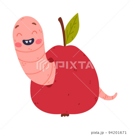 Funny Pink Worm Character with Long Body Peeking from Apple Hole Vector Illustration Funny Pink Worm Character with Long Body Peeking from Apple Hole Vector Illustration 94201671