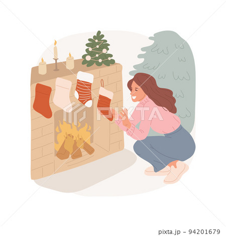 Fireplace decoration isolated cartoon vector illustration. Young woman decorating fireplace with stocking for xmas holiday, preparation for Christmas, cozy festive days vector cartoon. 94201679