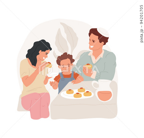 Sufganiyot isolated cartoon vector illustration. Happy family members eating sufganiyot and celebrating Hannukah at home, religious holidays, jewish jam-filled donuts vector cartoon. Sufganiyot isolated cartoon vector illustration. Happy family members eating sufganiyot and celebrating Hannukah at home, religious holidays, jewish jam-filled donuts vector cartoon. 94201705