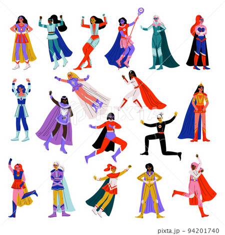Superhero Woman Character Wearing Cloak Having Superpower Big Vector Set Superhero Woman Character Wearing Cloak Having Superpower Big Vector Set 94201740