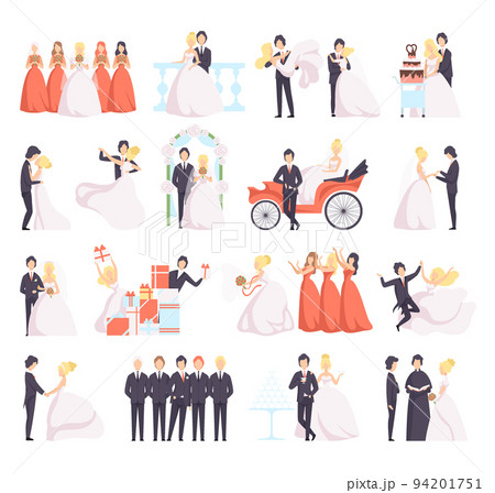 Newlyweds Couple as Just Married Male and Female in Wedding Dress and Suit Big Vector Set 94201751
