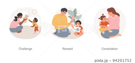 Child encouragement isolated cartoon vector illustration set. Baby challenged to reach out for toy, happy kid getting reward, mom comforting crying child, consolation, raising child vector cartoon. Child encouragement isolated cartoon vector illustration set. Baby challenged to reach out for toy, happy kid getting reward, mom comforting crying child, consolation, raising child vector cartoon. 94201752