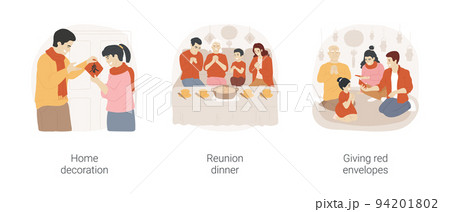 Chinese New Year isolated cartoon vector illustration set. Handmade home decoration, diverse family having dinner, giving red envelopes as presents, Chinese New Year celebration vector cartoon. Chinese New Year isolated cartoon vector illustration set. Handmade home decoration, diverse family having dinner, giving red envelopes as presents, Chinese New Year celebration vector cartoon. 94201802