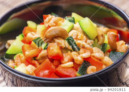 cooked vegetables salad with shrimps and cashew nuts cooked vegetables salad with shrimps and cashew nuts 94201911