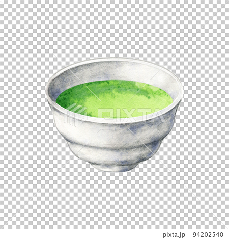 Matcha beverage in white bowl. Healthy asian drink. Hand drawn watercolor illustration of herbal tea isolated on white. Single element for menu, recipe, label, packaging design. 94202540