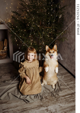 Girl sitting with dog Girl sitting with dog 94203231