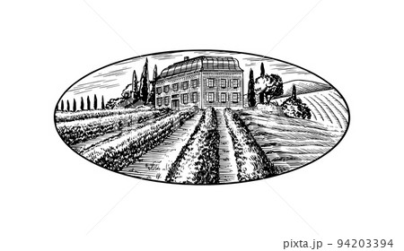 Vine plantation for bottle labels. Scenic view of French or Italian engraved landscape. Mountains 94203394