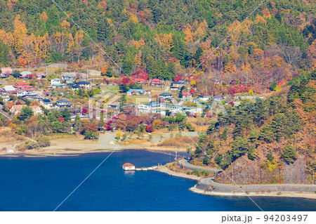 富士山麓　山梨鳴沢村の秋　紅葉の三湖台から望む西湖 94203497