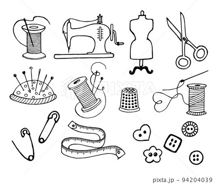 Sewing icons set, spools of threads. sewing machine, scissors. needles. Hand drawn line art, vector Sewing icons set, spools of threads. sewing machine, scissors. needles. Hand drawn line art, vector 94204039