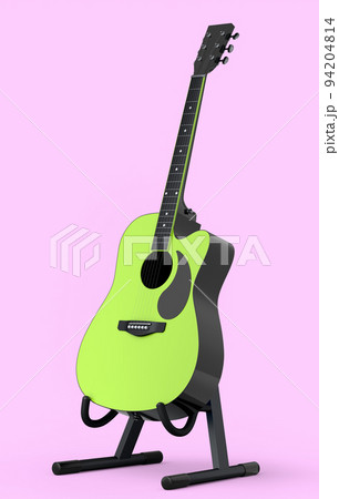 Electric acoustic guitar on stand isolated on pink background. 94204814