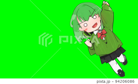 少女 キャラクター 萌え 女子高生 デフォルメ 緑背景 [別Verあり]の